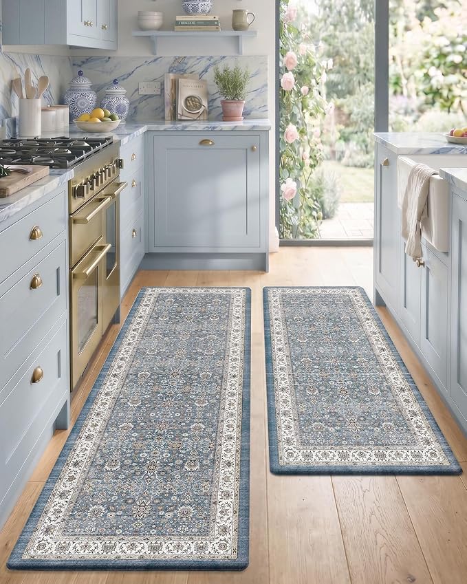Color&Geometry Kitchen Mat 2Pcs-24x59+24x87 Vintage Anti Fatigue, Blue | 0.4in Cushion Standing Mat For Cooking/Working/Laundry, Boho Decor, Non Slip PVC Kitchen Rug, Oil/Water Proof, Anti Slip