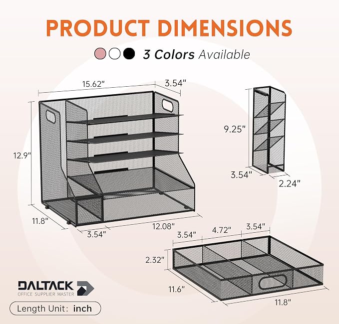 5-Tier Desk Organizer with File Holder & Pen Holder & Sliding Drawer, Black | Mesh Metal Paper Letter Tray for Papers, Mail, Office Supplies, and Desk Accessories