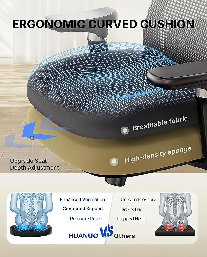HUANUO FlowLift™ Ergonomic Office Chair with 6D Armrest and Lumbar Support | Seat depth adjustment, quiet rubber caster, 3D headrest, high back mesh, big and tall design, 4-position recline
