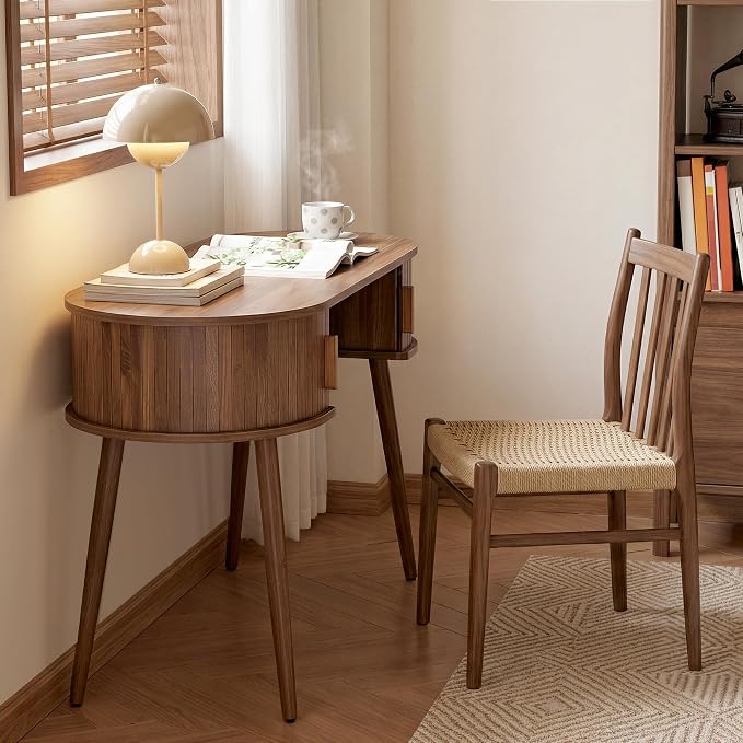 AVZEAR 43" Oval Fluted Home Office Desk, Small Computer Desk Writing Desk | ﻿ Wlanut Mid Century Modern Small Computer Desk Vanity Table with Sliding Tambour Door, Fluted Wooden Writing Study Desk