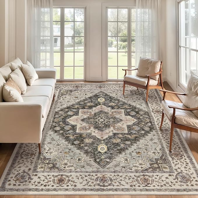 Tangsoo Farmhouse 5x7 Area Rug Washable Rug for Living Room, Vintage Indoor Non Slip Large Area Rugs, Print Distressed Grey Carpet, Soft Low Pile Foldable Floor Rug for Office Bedroom Dining Room Dorm