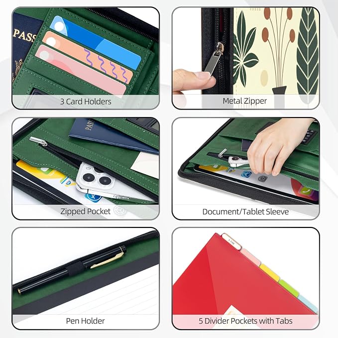 Ospelelf Vintage Leather 3 Ring Portfolio Binder, Zippered Clipboard Folder with Storage - 5 Dividers with Pocket, Padfolio for Women,12.1” Tablet Sleeve, Refillable Notepad, Card Slot