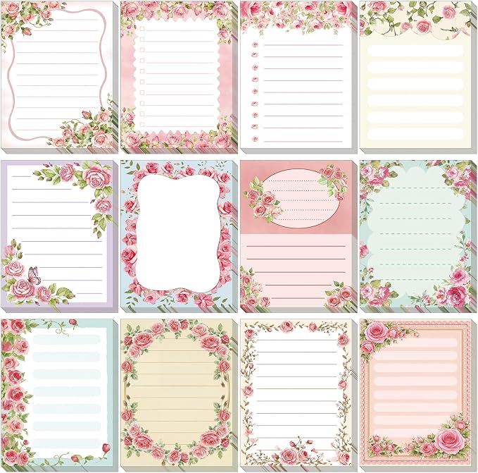 Chiisong 12 Pcs Cute Sticky Notes for Women Gift Floral Sticky Notes Teacher to Do List Notepad Pretty Memo Pad Rose Flower Notepads for Plant Lover Wedding Gift Home Teacher Office Supplies