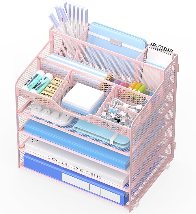 5 Tier Mesh Paper Desk Organizer with Pen Holders, Pink | Features 3 pen holders, and 5 adjustable compartments for office school home desk storage