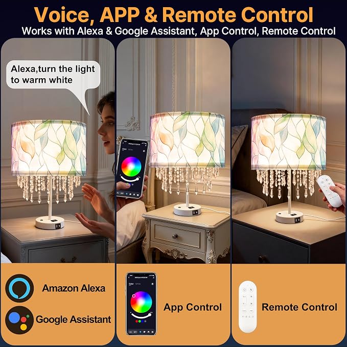 Smart Table Lamp with Colorful Leaf Fabric Shade & Acrylic Droplets, E26 LED Bulb Included, Bedside Desk Lamp with USB C & AC Outlet, App & Voice Control, Compatible with Alexa & Google Assistant