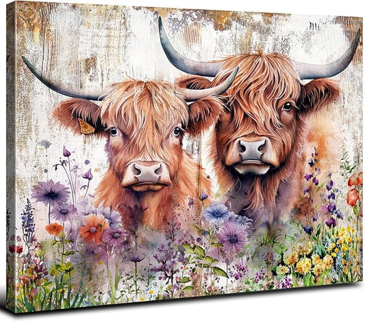 Cute Highland Cow Wall Art Rustic Cows Picture Wall Decor Nursery Room Decor Farmhouse Scottish Cow Wildflower Painting Western Country Cattle Poster Artwork for Bathroom Living Room Decoration 20x30"