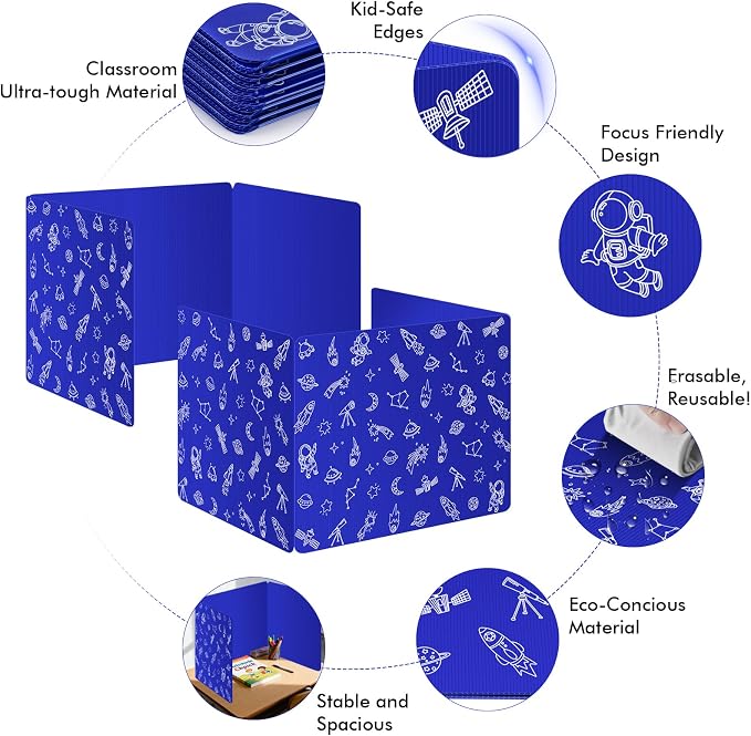Blue 2-Pack Desk Dividers for Students, Space Style Plastic Study Carrel Divider, Durable Testing Dividers for Classroom Teacher Supplies, Easy to Clean Privacy Shield Folder Boards for Student Desk