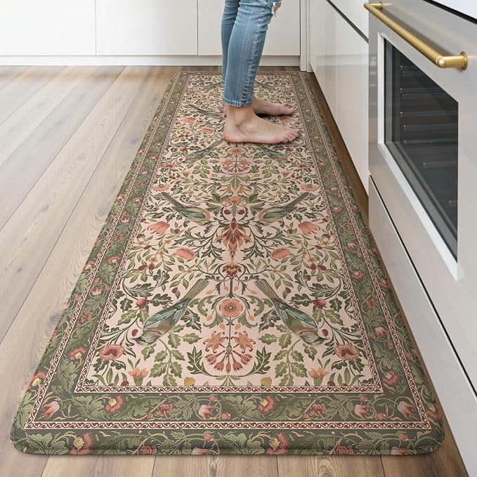 KIMODE Kitchen Mats Anti Fatigue,Cushioned Kitchen Rugs Runner | Olive Green,Boho Floral Bird Kitchen Rugs Non Slip ,Wide Long Memory Foam Kitchen Floor Mat for Laundry Sink Office Home