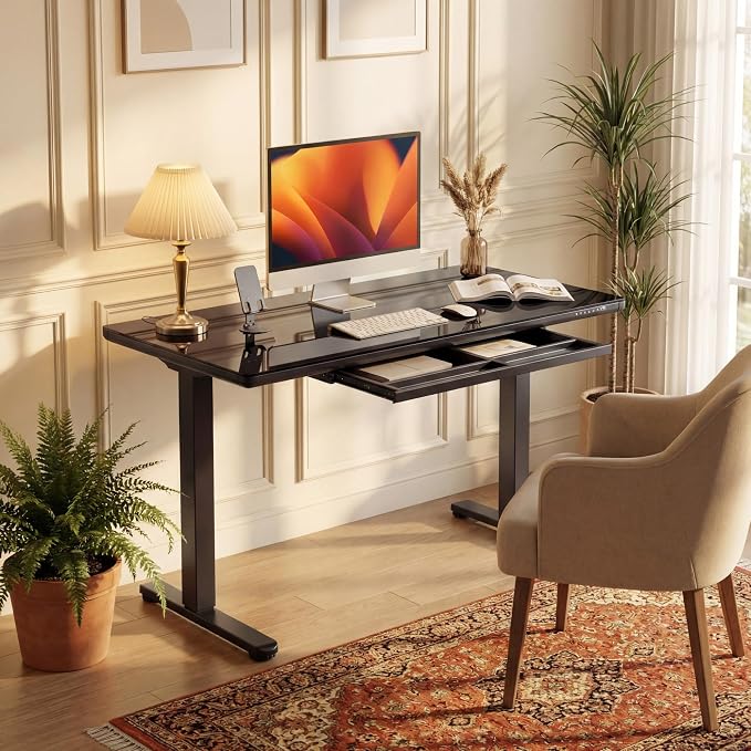 YESHOMY Electric Standing Desk with Tempered Glass Top, 47.2" Height Adjustable Desk with Partitioned Drawer & USB/Type-C Ports, Sit Stand Desk for Home Office, Black