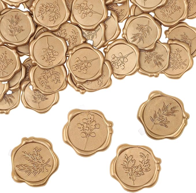 WSICSE 60Pcs Wax Seal Stickers, Wedding Invitation Envelope Seal Stickers Adhesive Backed Light Gold for Wedding, Mother's Day, Gift Wrapping (4 Leaf Styles)