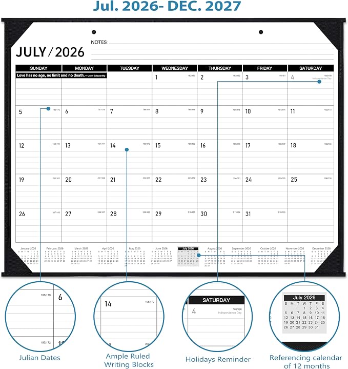 2026-2027 Desk Calendar - JUL. 2026 – DEC. 2027, 22" x 17", Large Desk Calendar 2026-2027, 18 Monthly Large Desk/Wall Calendars 2-in-1, Corner Protector, Desk Pad, Large Ruled Blocks