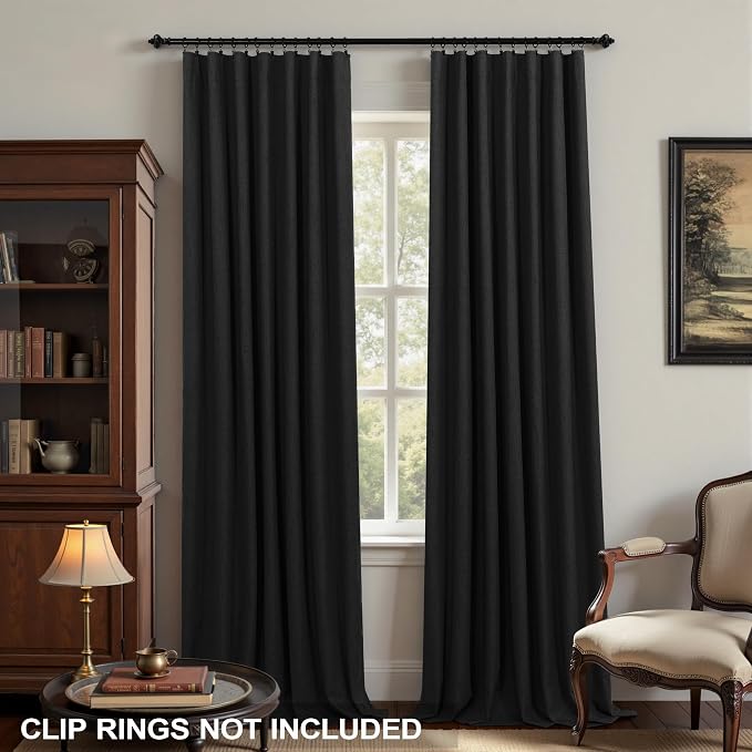 KOUFALL Linen Black Blackout Curtains for Bedroom,Dark Academia Moody Decor Back Tab Pleated Curtains for Living Room 84 Inches Long 2 Panels Set, Cortinas Negras para Habitacion