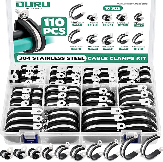 OURU 110PCS Cable Clamps Assortment Kit,Rubber Coated, 1/4"-1-3/4" 10 Sizes | 304 Stainless Steel, Anti-Vibration, Rust Resistant, Secure Hold, Automotive Wire, Pipe & Tube Mounting, Cable Management