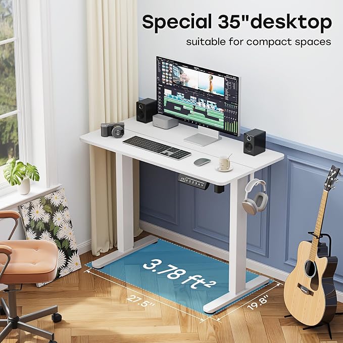 Small Electric Standing Desk, 35" ×20" White Standing Desk, Height Adjustable Compact Sit Stand Workstation with Splice Board, Home Office Desk with 2 Hooks