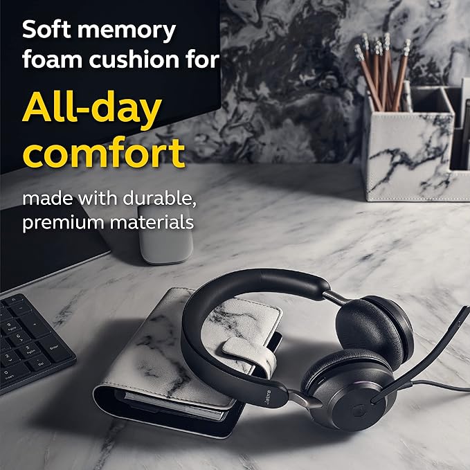 Jabra Evolve2 40 MS Wired Headphones, USB-A, Stereo, Black – Telework Headset for Calls and Music, Enhanced All-Day Comfort, Passive Noise Cancelling Headphones, MS-Optimized with USB-A Connection