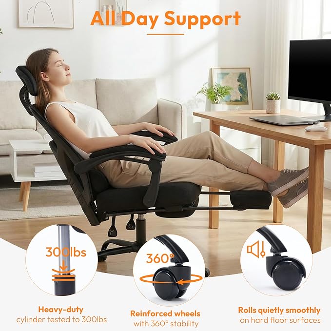 Desk Chair with Foot Rest, High-Back Mesh Office Chair, Classic Black | Reclining Gaming Chair with Headrest and Adjustable Lumbar Support, 90°-130° Reclining, for Home Office and Gaming