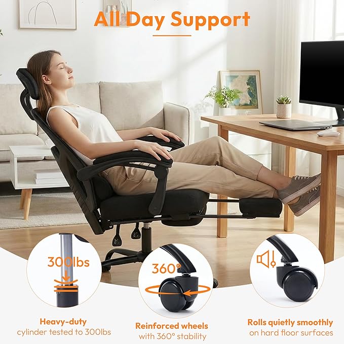 Desk Chair with Foot Rest, High-Back Mesh Office Chair with Wheels, Black | Reclining Gaming Chair with Headrest and Adjustable Lumbar Support, 90°-130° Reclining, for Home Office and Gaming