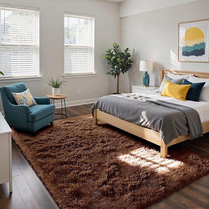 yongyangjuxin Fluffy Rug Shag Area Rug, Brown 9x12 Area Rugs for Living Room, Large Shag Area Rugs for Bedroom Room Home Decor, Upgrade Anti-Skid Rectangular Fuzzy Rugs