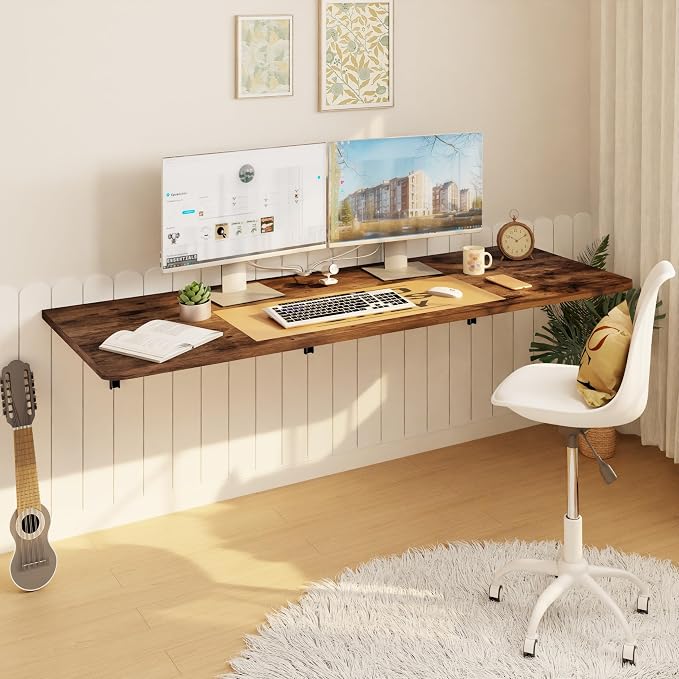 IAE Wall Mounted Floating Foldable Desk, 55" x 22" Folding Computer Workstation Table with Engineered Wood and Metal Shelf Brackets,Fold&Floating Design for Home Office, Apartment,Laundry Room,Rustic