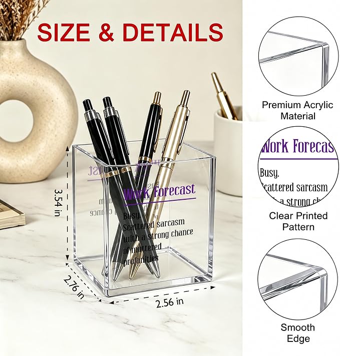Funny Office Acrylic Cosmetic Pen Pencil Holder Cup, Work Forecast Cute Pencil Organizer, Minimalist Unique Desk Accessories, Humor Gag Sarcastic Gifts for Women Men Boss Employee（A13）