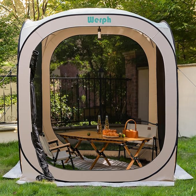 Werph 6x6 Pop-Up Screen Tent, Mosquito Net Gazebo, UV Resistant, Beige | Roof Waterproof Screen Canopy, Quick Setup Outdoor Shelter for Backyard, Patio, Garden, Picnic, Camping and Events