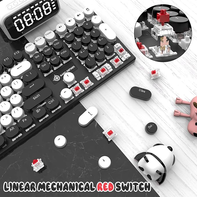 Typewriter Style Retro Wired Mechanical Gaming Keyboard,Vintage Steampunk Keyboard with Rainbow Backlit,104-Key Red Switch Cute Keyboard with Number Pad,Round Keycaps Computer Keyboard for Win/Mac