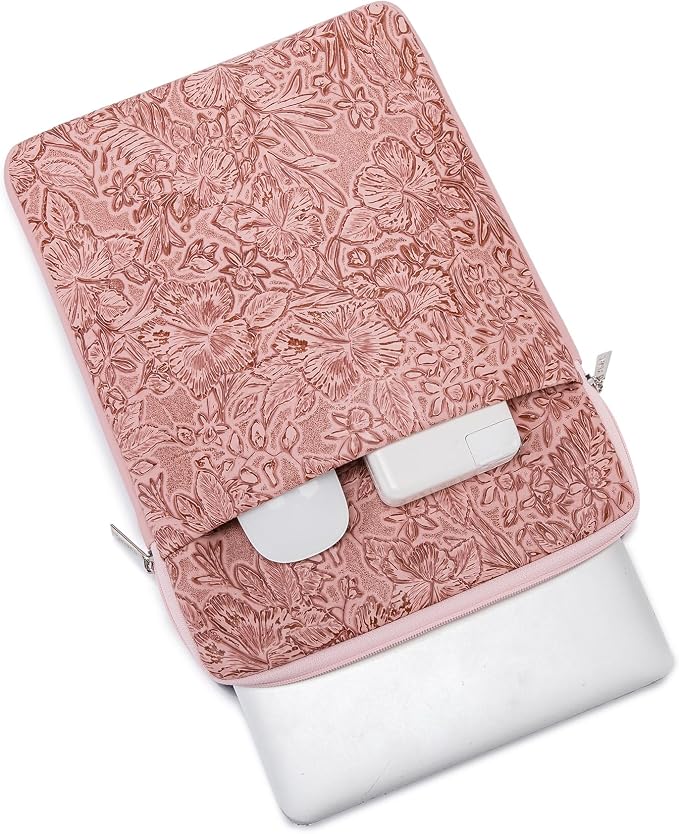 Kinmac 360° Protective Vertical Laptop Sleeve Case Cover Bag (Pink Flower PU, 13.5 inch-14 inch)