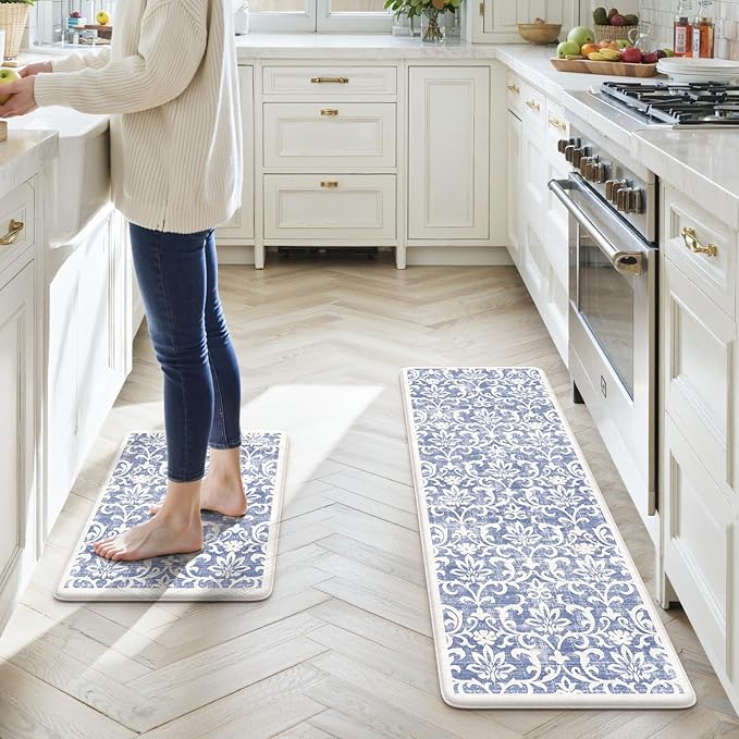 LEEVAN Anti Fatigue Mats for Kitchen Floor Sets of 2, Vintage Distressed Blue Cushioned Kitchen Mat for Laundry,Non Slip Memory Foam Standing Mat for Home, Office, Desk,Sink(17.3"x29"+17.3"x59")