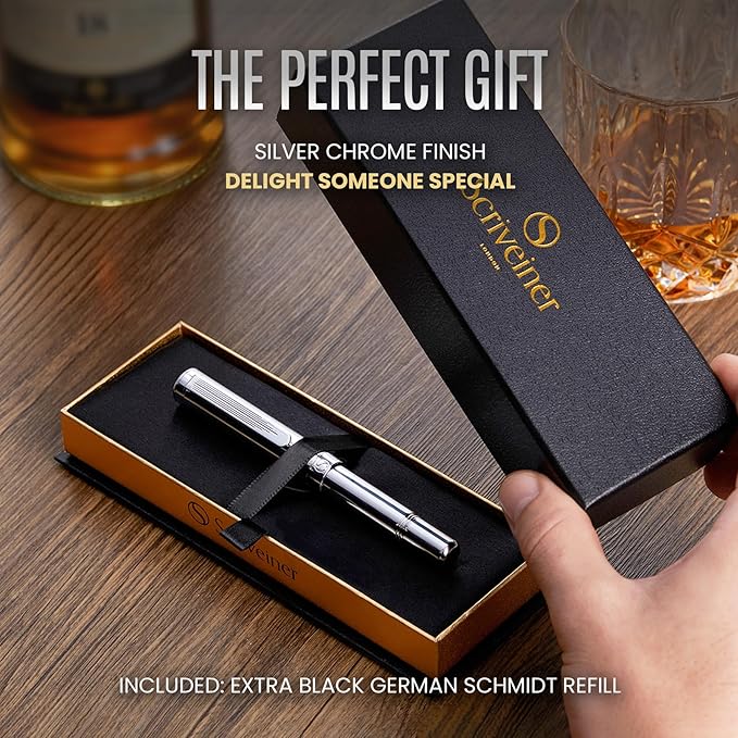 Scriveiner Silver Chrome Rollerball, Award Winning Luxury Pen, Heavy Pocket Pen with Chrome Finish, bundle with Rollerball Refill Black Medium - 4 Rollerball Refills in one box