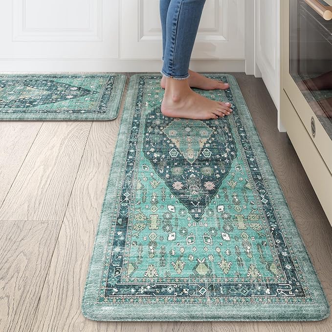 Collive Boho Kitchen Mats for Floor 2 Piece, Cushioned Anti Fatigue Kitchen Floor Mat Non-Skid Waterproof Under Sink Rug, Teal/Multi Comfort Standing Desk Rugs for Office, 17"x29"+17"x47"