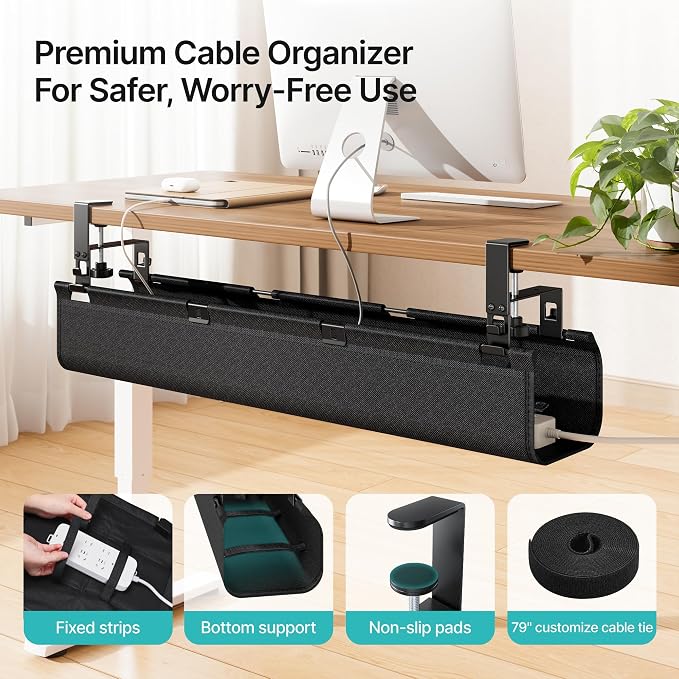 No Drill Under Desk Cable Management Tray, 31.5" Fabric Organizer | Clamp/Screw Premium Mount Cord Holder, for Power Strips, Adapters, with 2 Hooks & 1 Tie Roll for Home Office Gaming, Black
