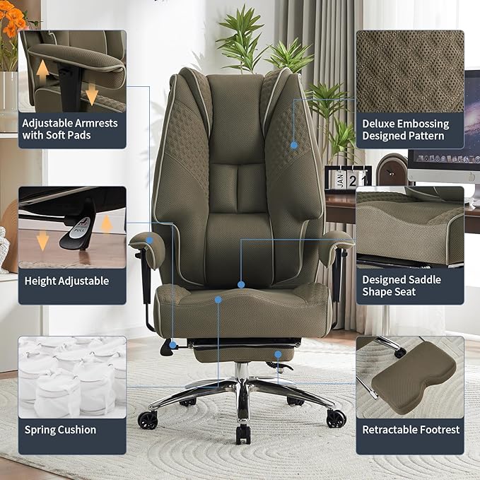 Big and Tall Office Chair 400lbs Wide Seat, Mesh High Back Executive Office Chair with Foot Rest, Ergonomic Chairs Lumbar Support for Lower Back Pain Relief (Mesh Light Green)