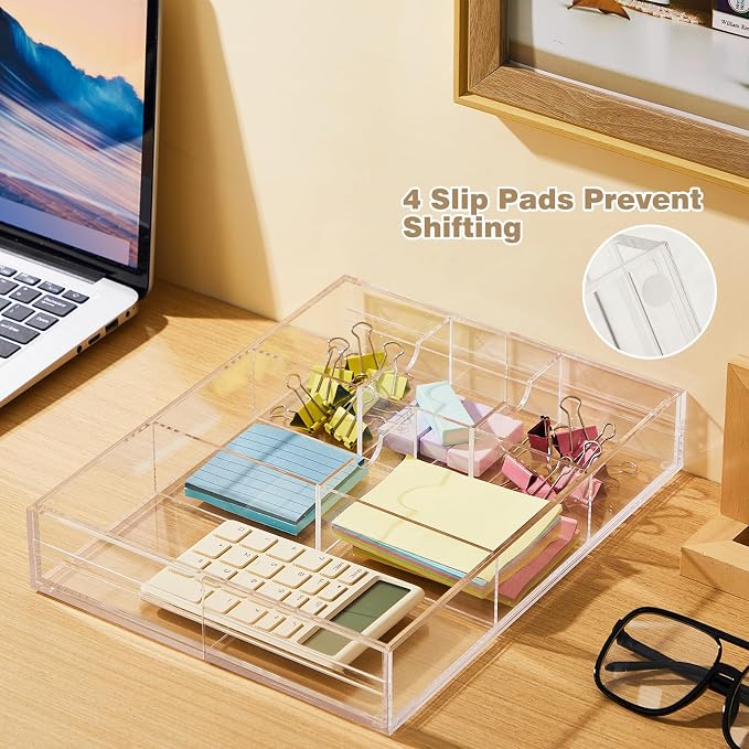 Briwooody 2 Pcs Acrylic Desk Drawer Organizer Maximum 12 x 18 x 2.1 Inch Expandable Drawer Organizer Trays with 8 Adjustable Compartments Desk Accessories for Makeup Silverware Office Bathroom