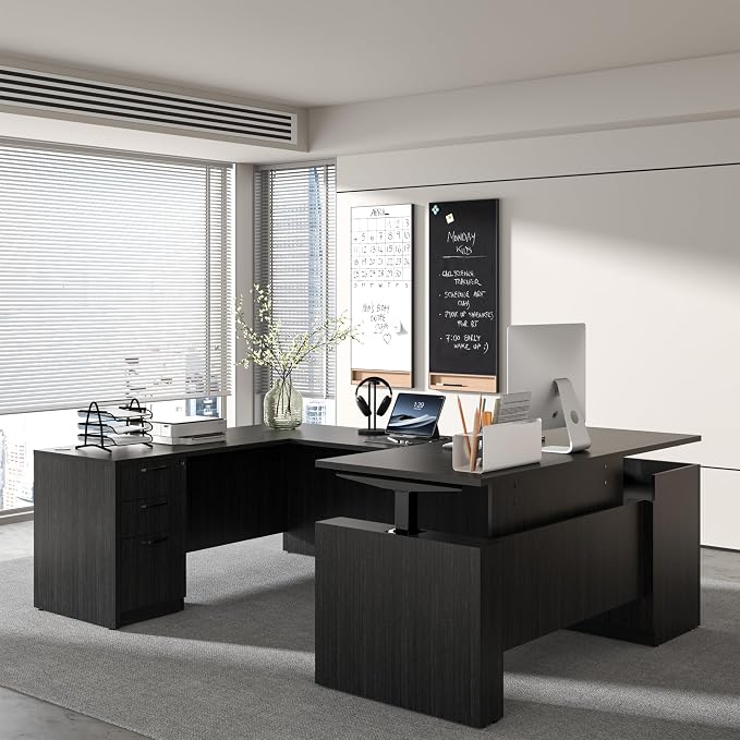 100.4'' U-Shaped Executive Standing Desk with Pre-Assembled Frame & Lockable Cabinets, Height Adjustable Dual-Motor Sit-Stand Workstation for Corporate & Home Office (Grey-U)