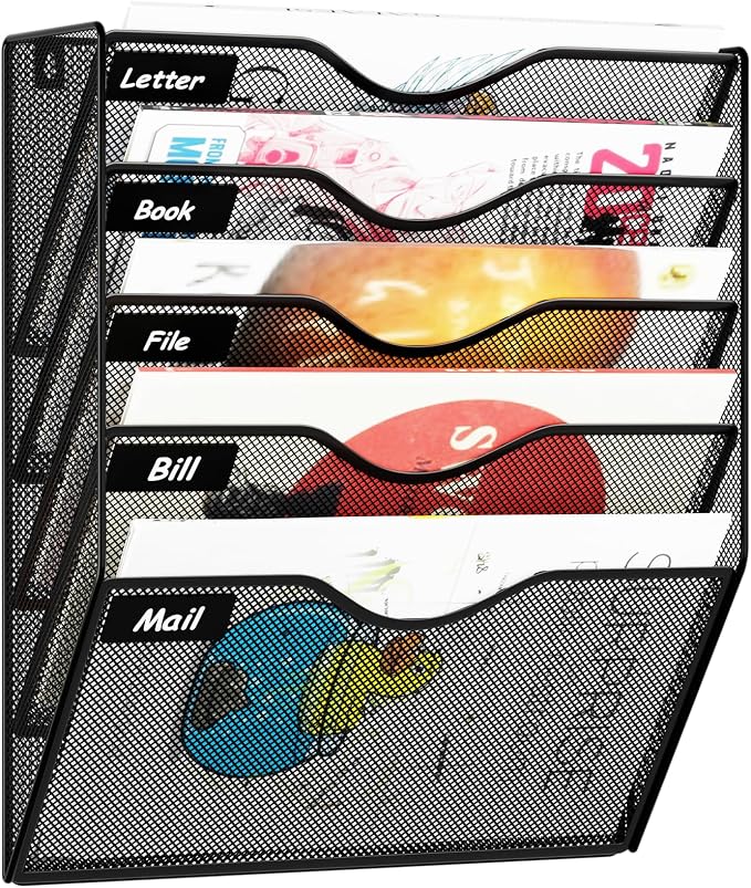 5 Pockets Hanging Wall File Organizer Mail Holder, Wall Mounted Paper Document Folder Holder, Clipboard Storage Organization Magazine Rack, Black