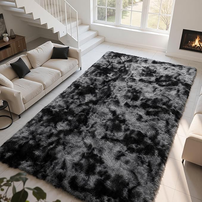 Zentavio Black and Grey Area Rugs for Living Room Large Men Room Carpet 6x9 Bedroom Fluffy Furry Shag Aesthetic Plush High Pile Floor Rug for Kids Room Dorm Home Decor Gray