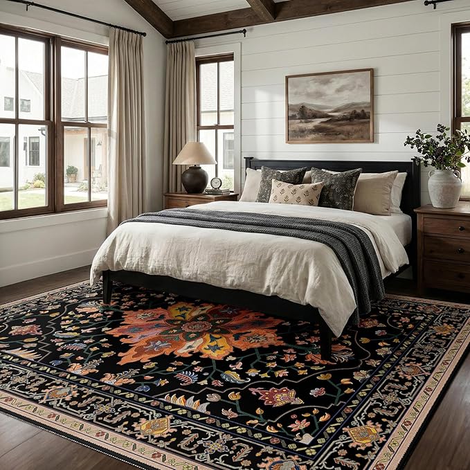RELEANY Area Rugs 6'x8' Washable Non-Slip, Floral Vintage Distress Medallion Carpet for Living Room Bedroom Dining Room, Black Colorful Floral Dark Tan