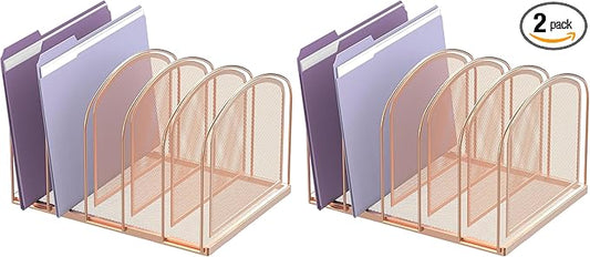 SUPEASY File Organizer for Desk, 5-Section Mesh Desk Organizer, Vertical File Holder Desktop Organizer File Sorter, File Folder Holder for Office Supplies, Rose Gold (Pack of 2)