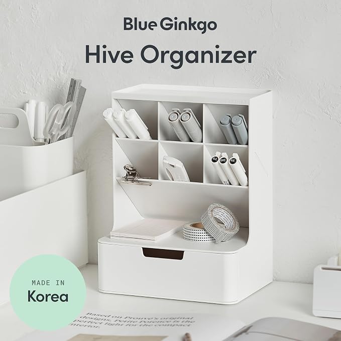 BLUE GINKGO Hive Pen Desk Organizer, White, Made in Kore | 6 Compartments. Full Drawer. Everyday Storage.