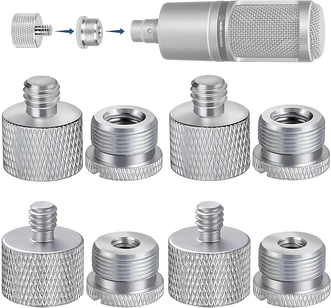 IXTECH Mic Stand Adapter Set - 8 Piece Metal Tripod Adapter Kit - 5/8 Female to 3/8 Male & 1/4 Female to 5/8 Male - ADP02A Silver
