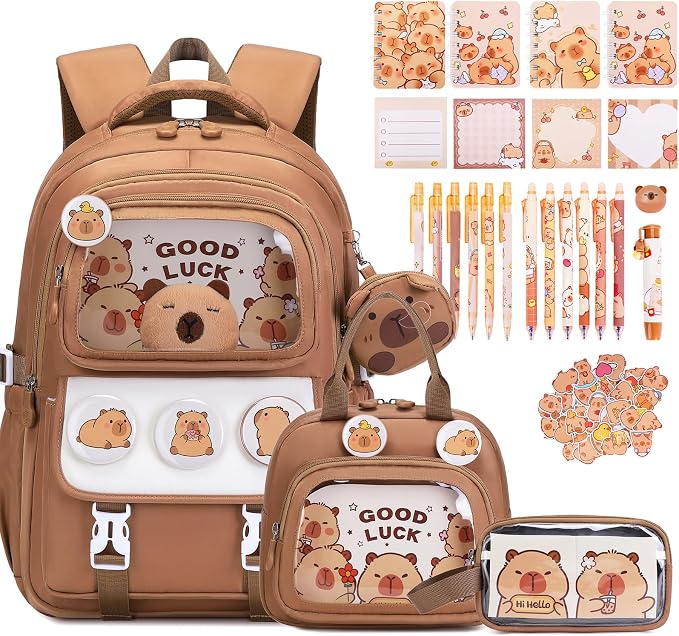 Capybara Backpack for School Girls, 30PCS Capybara Gifts School Supplies Stationery Set with Lunch Box Pencil Case Pens Pencils Notebook Cartoon for Kindergarten Elementary Student(Brown)