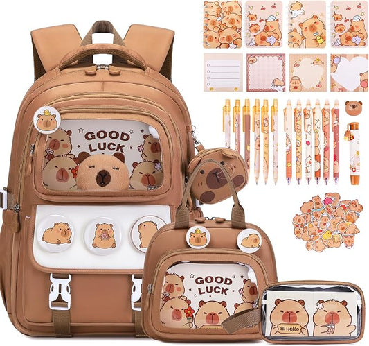 Capybara Backpack for School Girls, 30PCS Capybara Gifts School Supplies Stationery Set with Lunch Box Pencil Case Pens Pencils Notebook Cartoon for Kindergarten Elementary Student(Brown)
