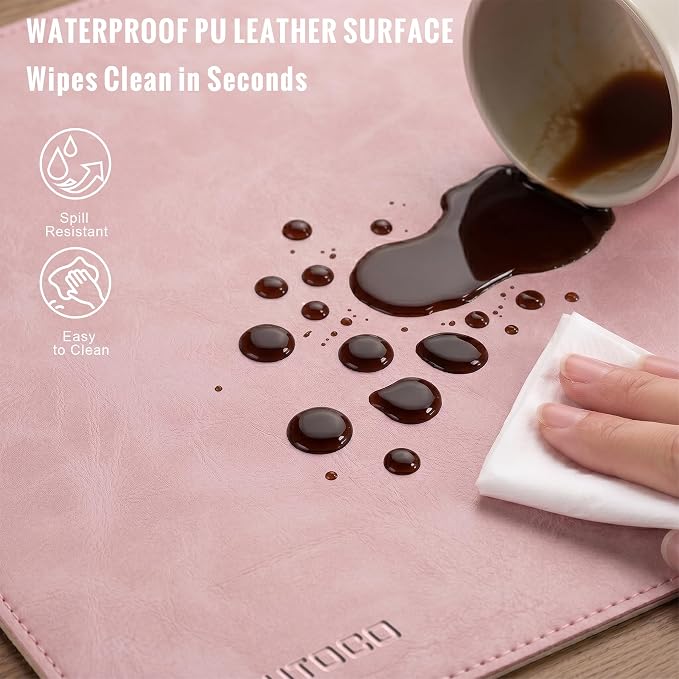 HAUTOCO Cork Desk Mat 31.5"x15.7", Distressed PU Leather & Cloth Desk Pad | Waterproof, Non-Slip, Stitched Edges, Pink Large Gaming Mouse Pad, Laptop Blotter & Desk Protector for Office and Home