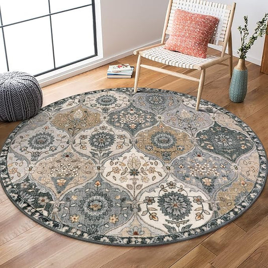 Lahome Moroccan Trellis Round Area Rugs, Washable Small Round Rug 3ft Non-Slip, Soft Vintage Ultra-Thin Circle Carpet for Bedroom Entryway Kitchen Laundry Bathroom Elise, Grey