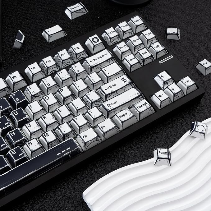 PBT Keycaps, Black and White Manga Style Keycaps Set, 135 Keys Cherry Profile Dye Sub Custom Keycap Minimalis Keyboard Key caps for 60%, 65%, 75%, 100% Cherry MX Mechanical Keyboard