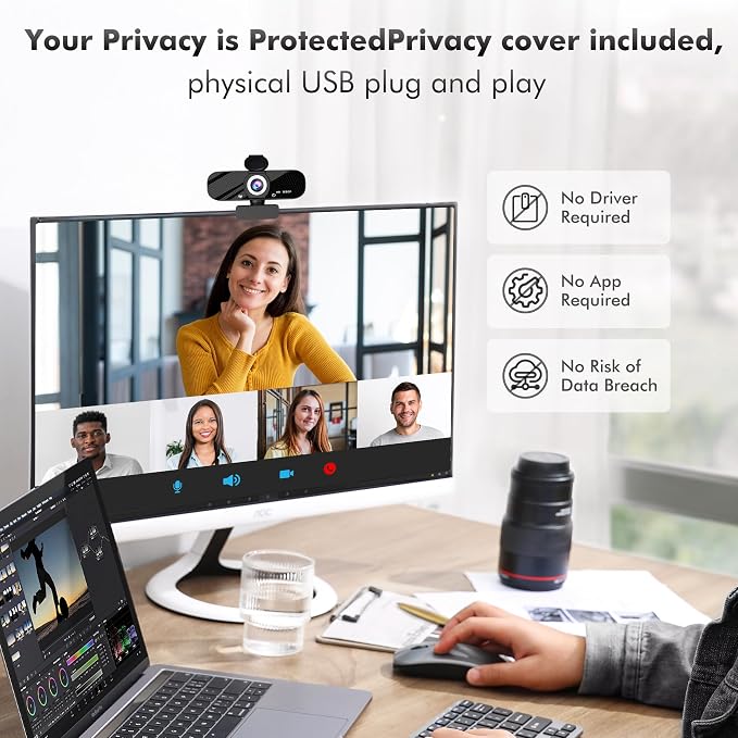 Gozvrpus USB HD Webcam with Built-in Microphone and Rotatable Tripod, 1080P Video, Wide Angle Camera, Privacy Cover, for Desktop PC or Laptop Computer - 1（Black）