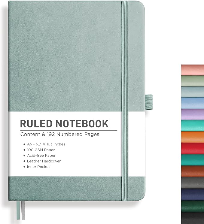 RETTACY Lined Journal Notebook, 192 Numbered Pages, A5 Medium Size (5.7'' x 8.3''), for Men & Women, Journaling, Writing, Work & Office, Leather Hardcover, 100 GSM Thick Paper (Blue-gray)