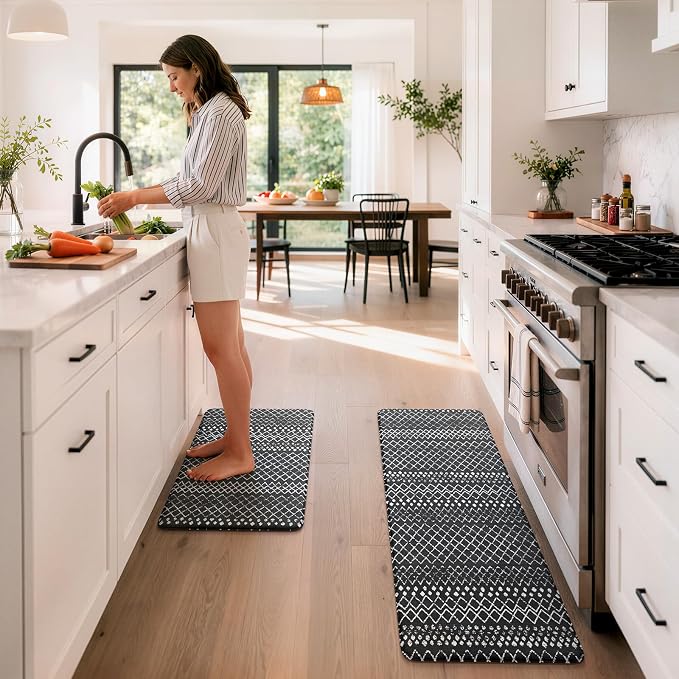 KIMODE Anti Fatigue Mats for Kitchen Floor 17"x47"+17"x29", Black Boho Distressed Kitchen Rugs Sets of 2, Cushioned Kitchen Floor Mats, Non Slip Standing Mats for Sink Laundry Room Decor Office Desk