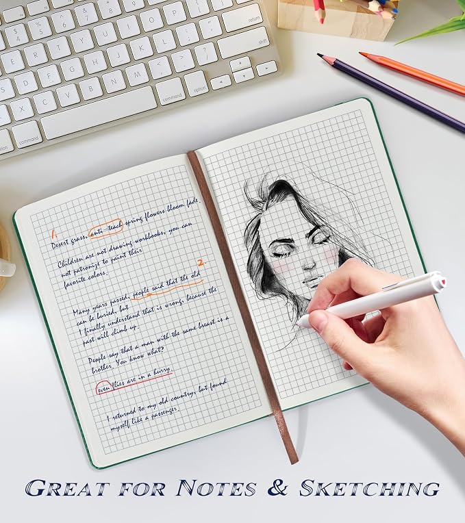 Biuwory Graph Paper Notebook Journal for Women Men,140 Pages Hardcover Grid Notebooks for Work & School,Leather Journals for Writing, Graphing Paper Notebook 5.7"×8.3" (Green)
