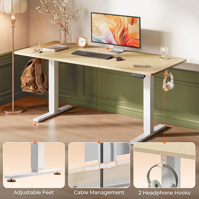 Huuger 63 x 28 Large Electric Standing Desk, Height Adjustable Computer Desk, 27.6" Deep Desktop, Stand up Gaming Office Table with 2 Hooks, 3 Preset Heights, for Home Office, Maple